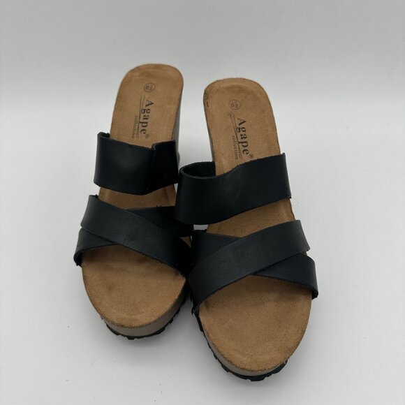 Agape Womens Black Strappy Wedge Sandals 6.5 With Stud Accents & Sturdy Sole - Picture 2 of 7